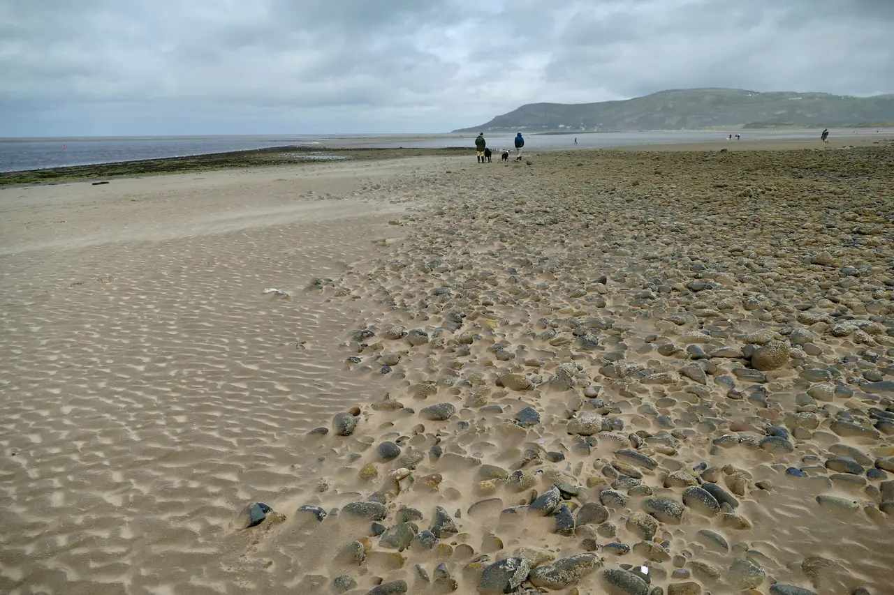 Rippled sand and stones on Deganwy beach under a grey sky, with walkers in the distance and the Great Orme across the water