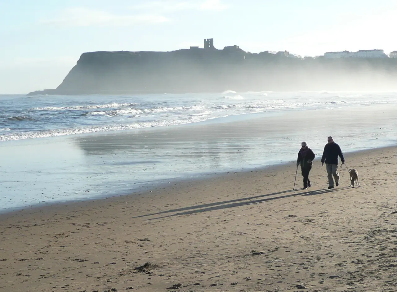 Two people and a dog walking along the wet sand of a wide beach on a bright morning, with a castle on the headland behind them
