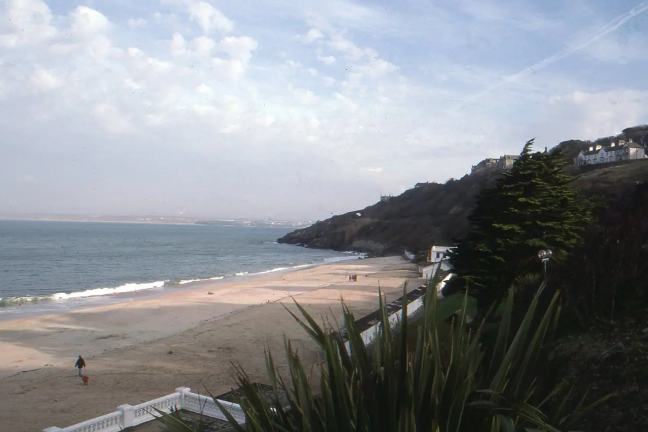 Looking down on the sand of Porthminster Beach from the gardens above, with a walker at the water's edge and the wooded headland beyond