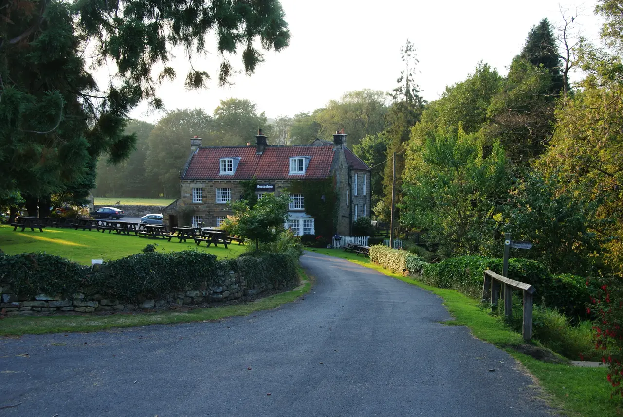 The Horseshoe Hotel at Egton Bridge, a stone inn with picnic tables on the lawn, seen down a lane lined with trees