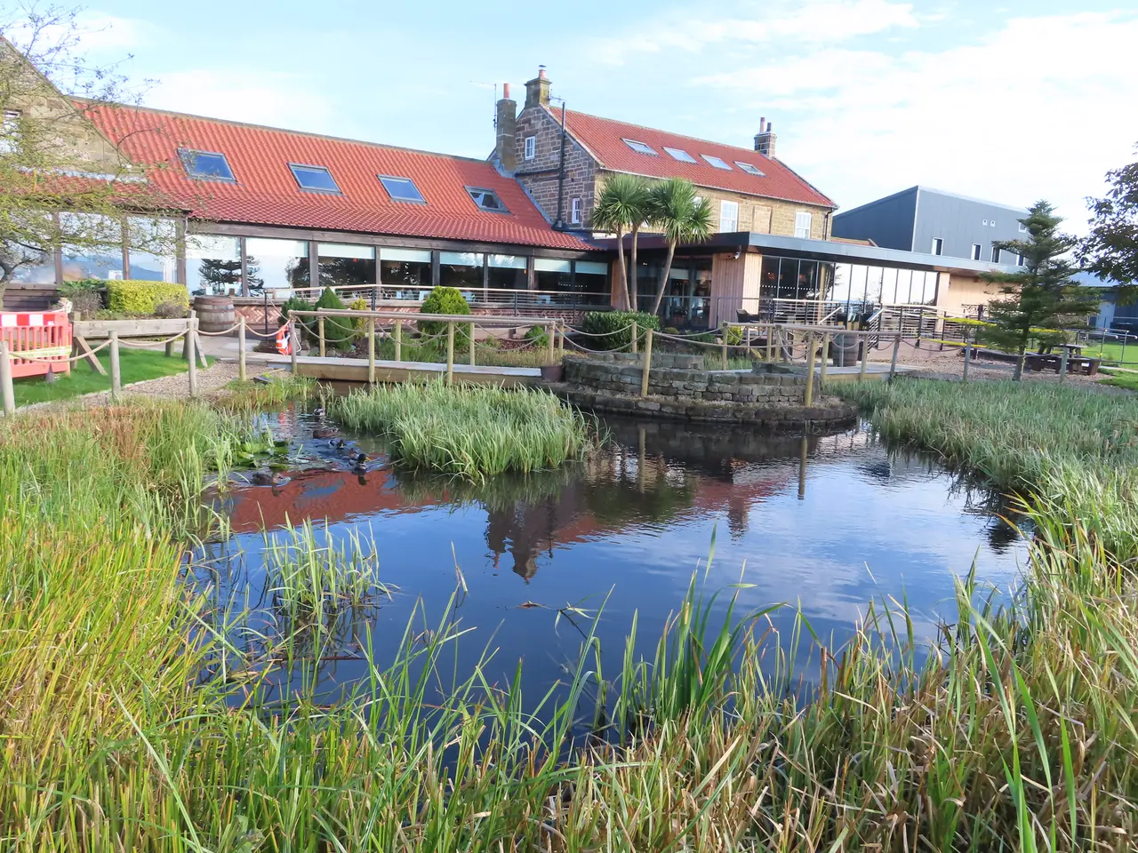 A reed-fringed pond in front of The Stables on the edge of Whitby, a long building with a red roof and a glass terrace